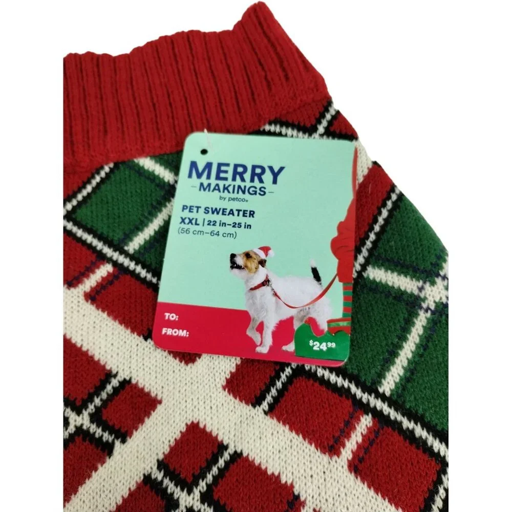 Merrry Makings Dog XXL Holiday Snowman Pet Sweater Red and Green Tartan Plaid